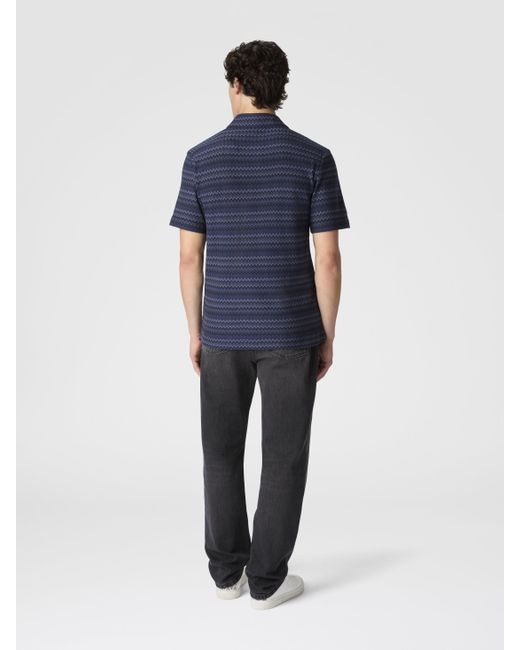 Missoni Blue Short Sleeve Cotton Polo With Zigzag Pattern for men