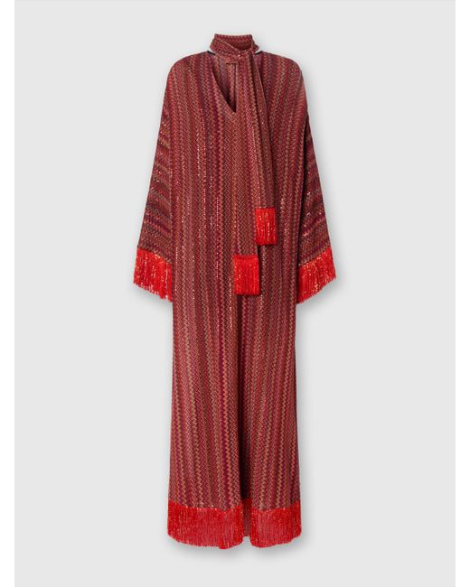 Missoni Red Zigzag Kaftan With Sequins And V-Neck And Removable Scarf With Fringes