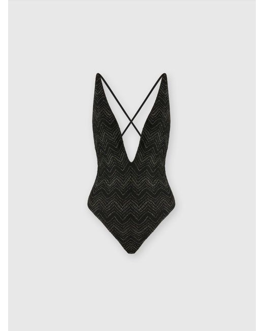Missoni Black V-Neck Zig Zag Lamé Viscose One-Piece Swimsuit, & Lamé
