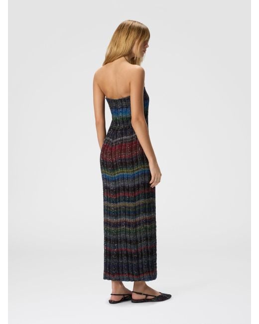 Missoni Blue Long Strapless Dress With Wave Check Pattern