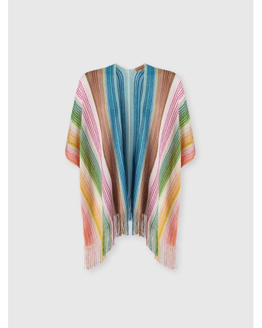Missoni Blue Striped Viscose-Blend Poncho With Fringes