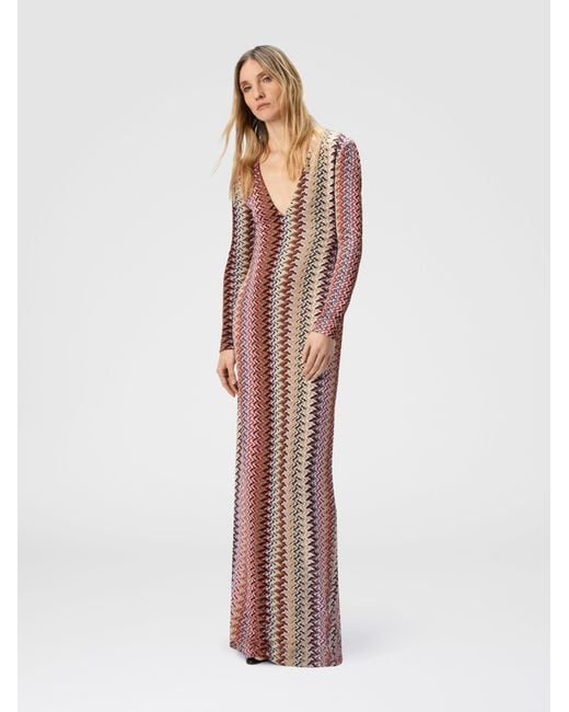 Missoni Pink Long Dress With V-Neck And Zigzag Pattern