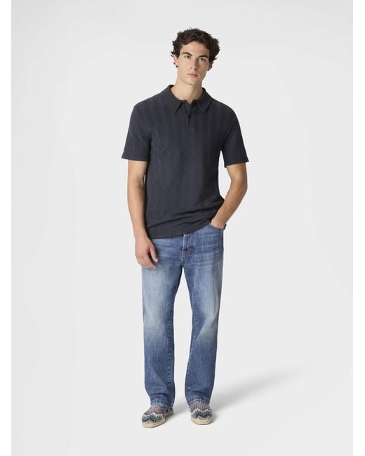 Missoni Blue Cotton And Viscose Polo Shirt With Tone-On-Tone Zigzag Motif for men