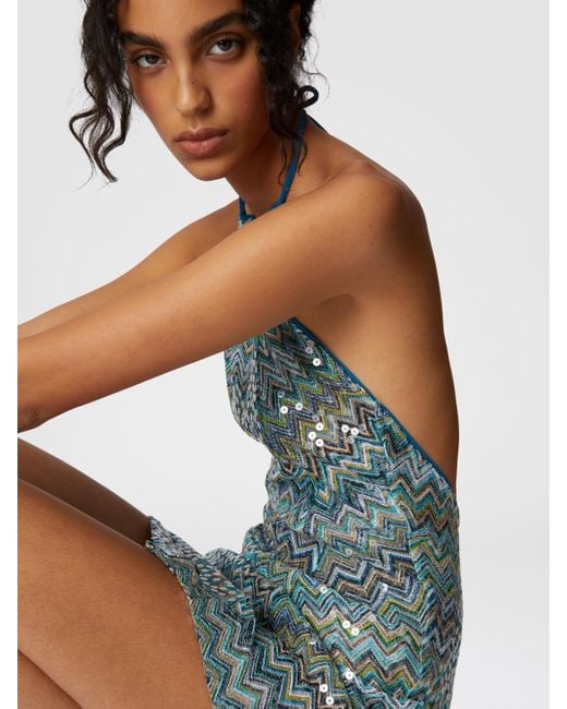 Robe Courte Asymétrique Couvrante En Viscose Lamé Zigzag À Sequins, Femme, Taille Missoni en coloris Blue