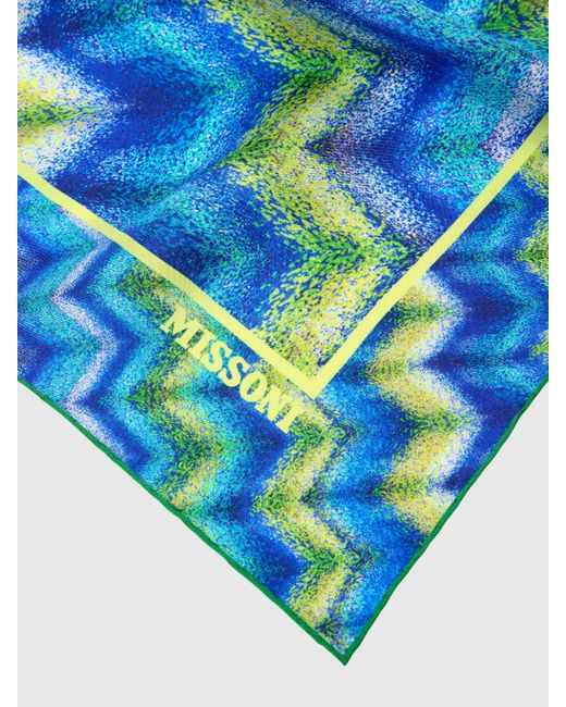 Missoni Blue 100% Silk Scarf With Zigzag Print And Logo