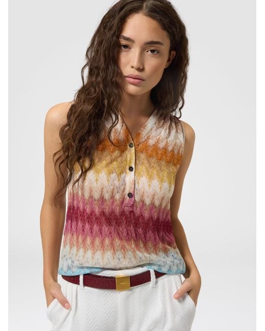 Missoni White Sleeveless Viscose Lamé Blouse With Lace Motif