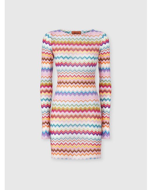 Missoni White Viscose Lamé Mini Dress With Pixelated Zigzag Motif