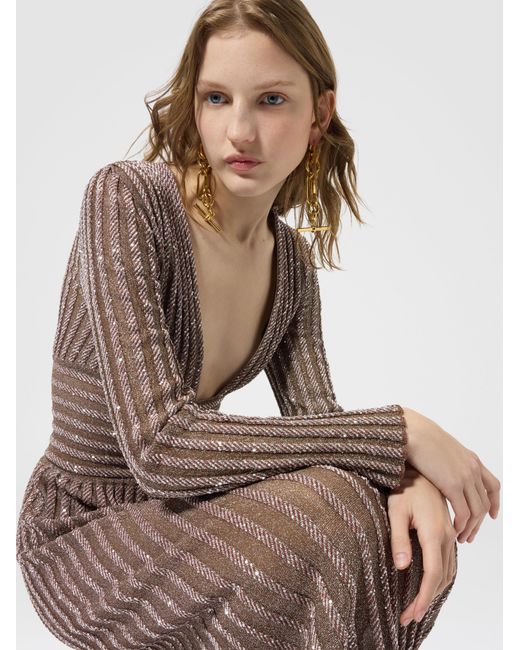 Missoni Natural Long-Sleeve Deep Neckline Maxi Dress