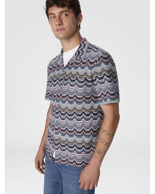 Missoni Blue Bowling Shirt With Geometric Zigzag for men