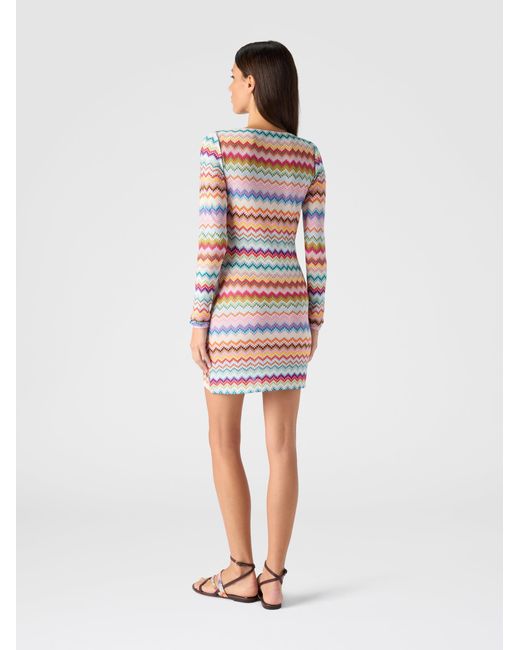 Missoni White Viscose Lamé Mini Dress With Pixelated Zigzag Motif