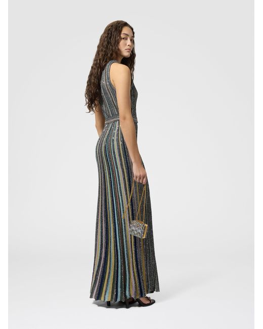 Missoni Gray Long Knit Dress With Sequins And V-Neck
