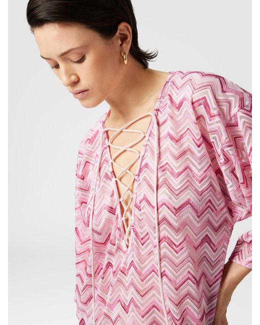 Caftan Court En Tulle De Viscose Mélangée Avec Zigzag Flammé, Femme, Blanc & Rose, Taille Missoni en coloris Pink
