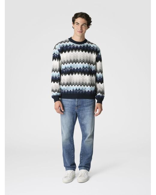 Missoni Blue Crew Neck Sweater With Flame Zigzag Pattern for men