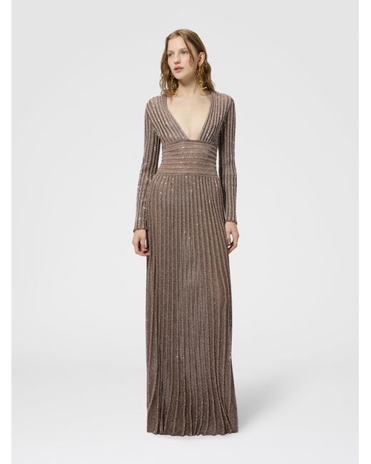 Missoni Natural Long-Sleeve Deep Neckline Maxi Dress