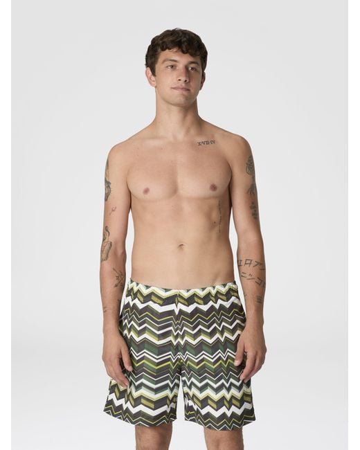 Missoni Green Long Swim Shorts With Irregular Zigzag Print for men