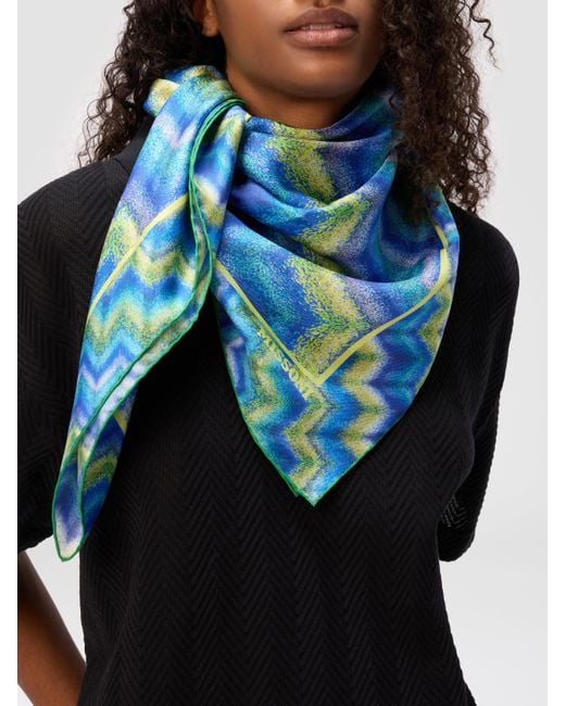 Missoni Blue 100% Silk Scarf With Zigzag Print And Logo