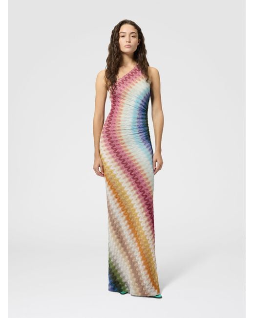 Missoni White One-Shoulder Long Viscose Lace Dress