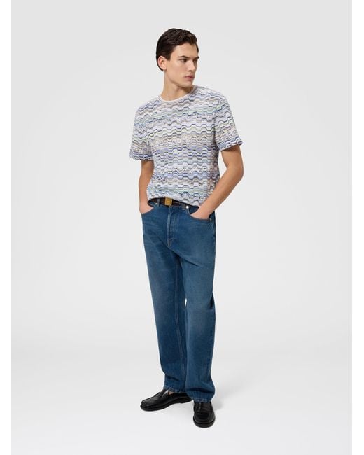 Missoni Blue Crew-Neck Cotton T-Shirt With Raschel Knit And Greek Motif for men