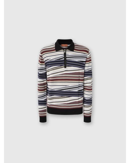 Missoni White Long Sleeve Polo With Zip And Striped Zigzag Pattern for men