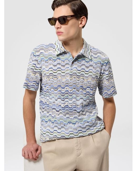 Missoni Blue Cotton Polo Shirt With Raschel Knit And Greek Motif for men