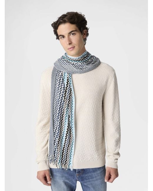 Missoni Blue Cotton Zigzag Scarf With Fringed Edge for men