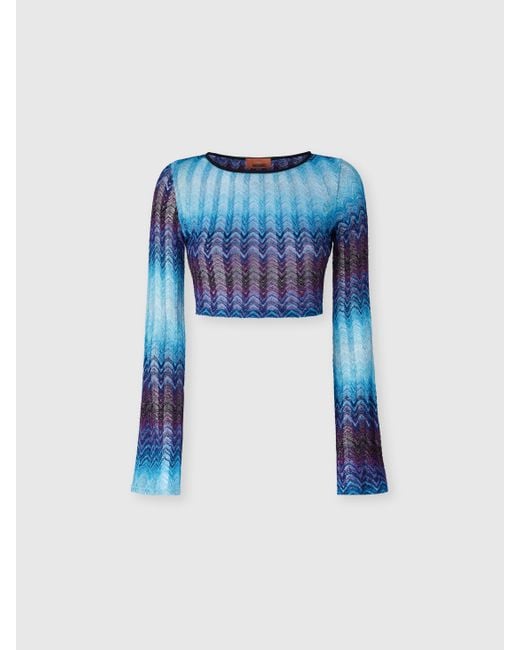 Crop Top À Manches Longues En Viscose Mélangée, Femme, Taille Missoni en coloris Blue