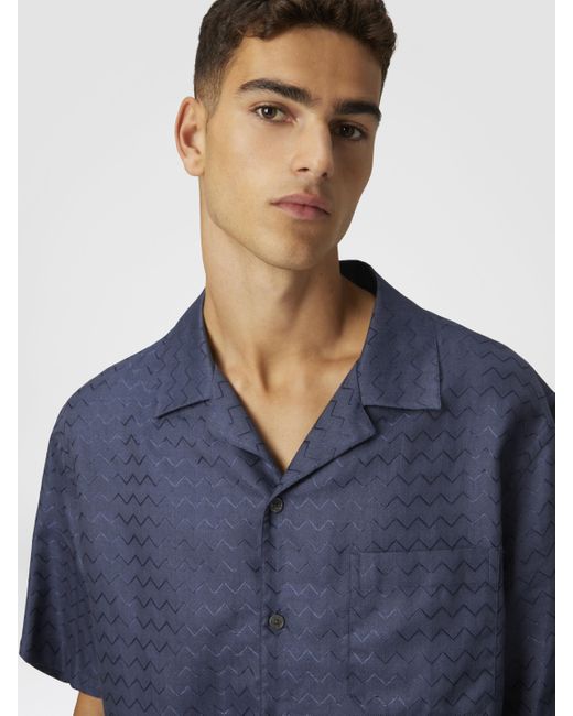 Missoni Bowlingshirt Aus Baumwolle, Viskose Und Leinen Mit Glänzendem Zickzackmuster, Herren, Größe in Blue für Herren