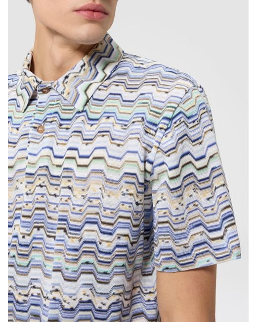 Missoni Blue Cotton Polo Shirt With Raschel Knit And Greek Motif for men