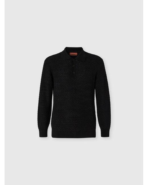 Missoni Black Long-Sleeve Cotton And Wool Chevron Polo Shirt for men