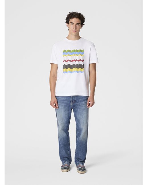 Missoni White Crew-Neck Cotton T-Shirt With Macro Zigzag Print, & Multicoloured for men