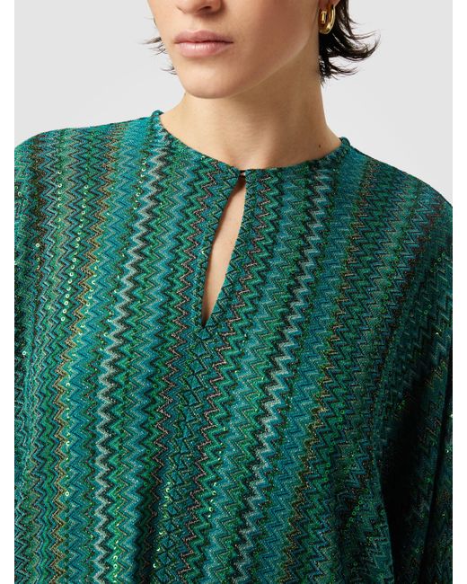 Missoni Green Zigzag Long-Sleeved Blouse With Sequins And Fringes