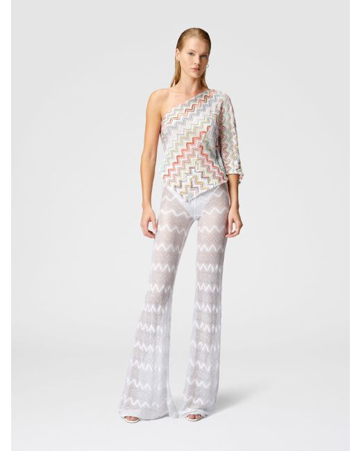 Missoni White One-Shoulder Top With 3D Lamé Zig Zag And Wide Sleeves