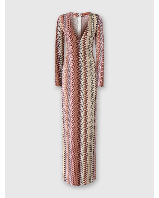Missoni Pink Long Dress With V-Neck And Zigzag Pattern