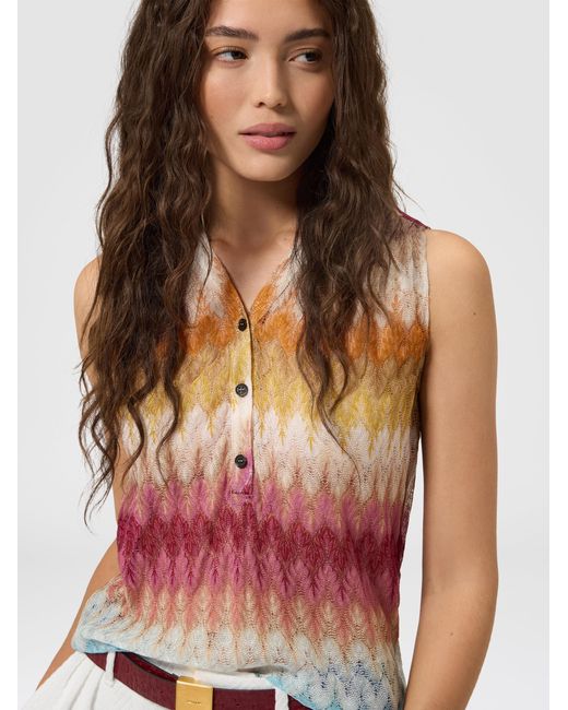 Missoni White Sleeveless Viscose Lamé Blouse With Lace Motif