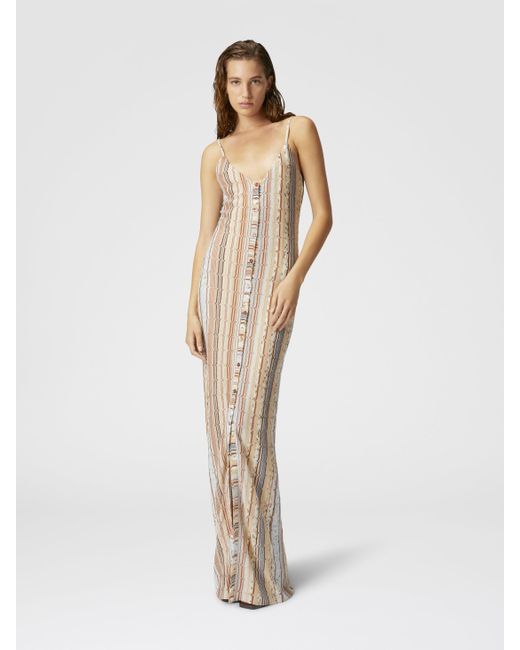 Missoni White Sleeveless Dress With Zig Zag Lamé Fret And Central Button Placket