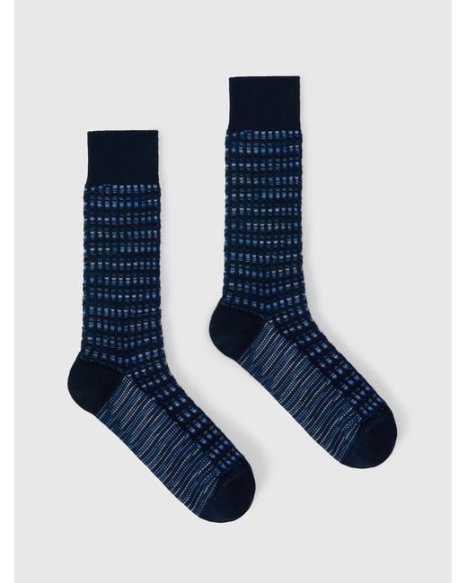 Missoni Blue Mid-Length Cotton-Blend Socks With Check Pattern for men