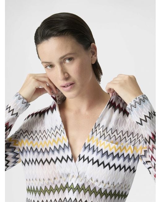 Missoni White Zigzag Cotton And Viscose Blouse With V-Neckline