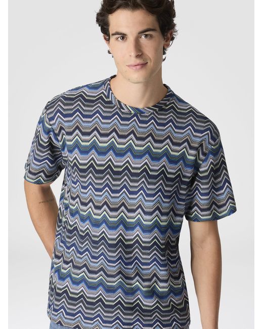Missoni Blue Crew Neck T-Shirt With Geometric Zigzag for men