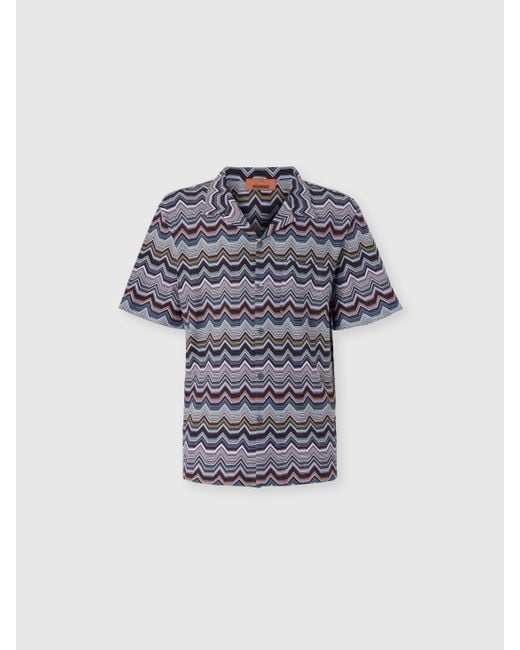 Missoni Blue Bowling Shirt With Geometric Zigzag for men