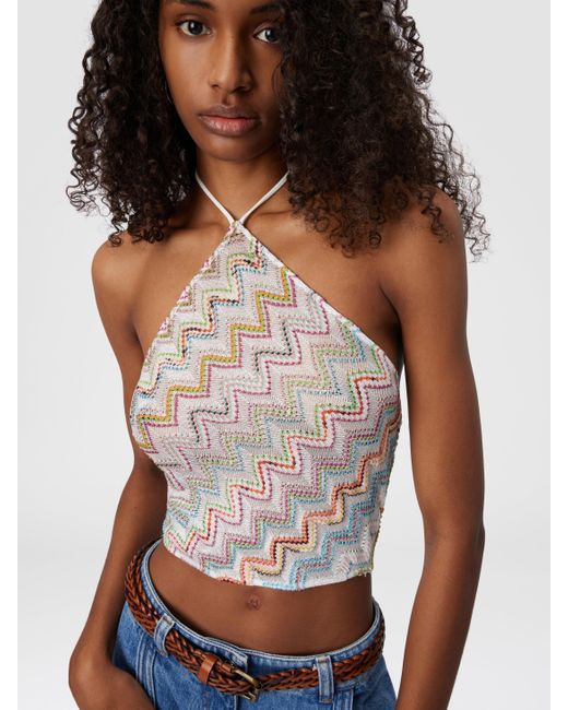 Missoni White Neckholder-Top Aus Lamé-Zickzack-Viskosemischung, Damen, Größe
