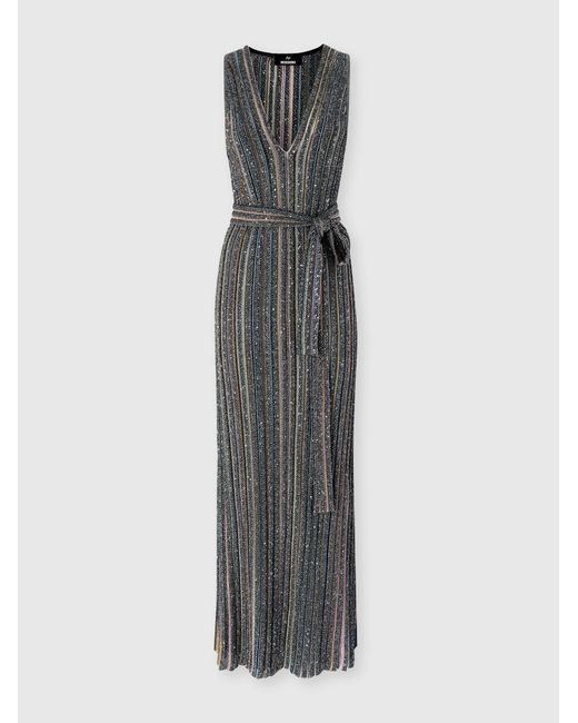 Missoni Gray Long Knit Dress With Sequins And V-Neck