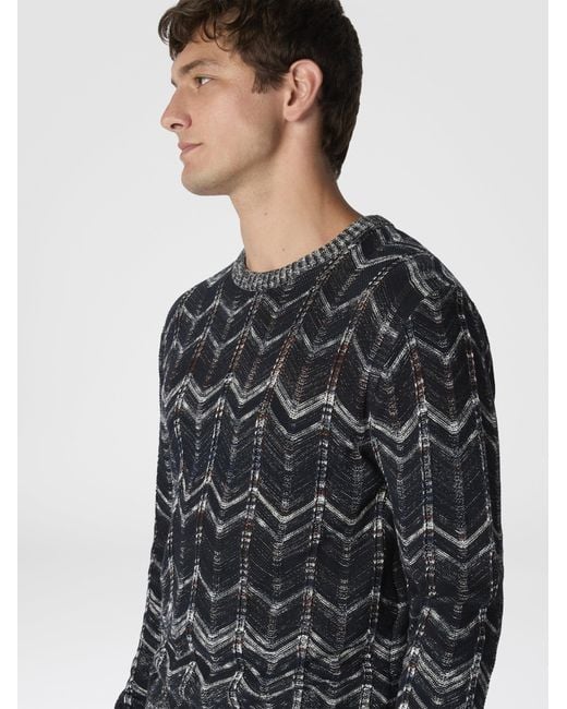 Missoni Black Crew-Neck Cotton Chevron Pullover With Ribbed Trims for men
