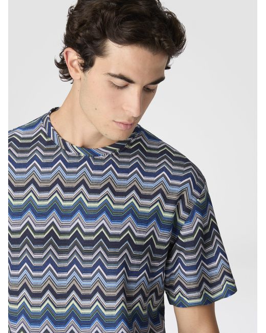 Missoni Blue Crew Neck T-Shirt With Geometric Zigzag for men