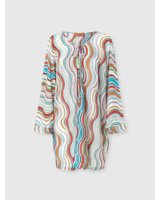 Missoni White Long-Sleeved Cover-Up Kaftan With Lamé Wave Motif