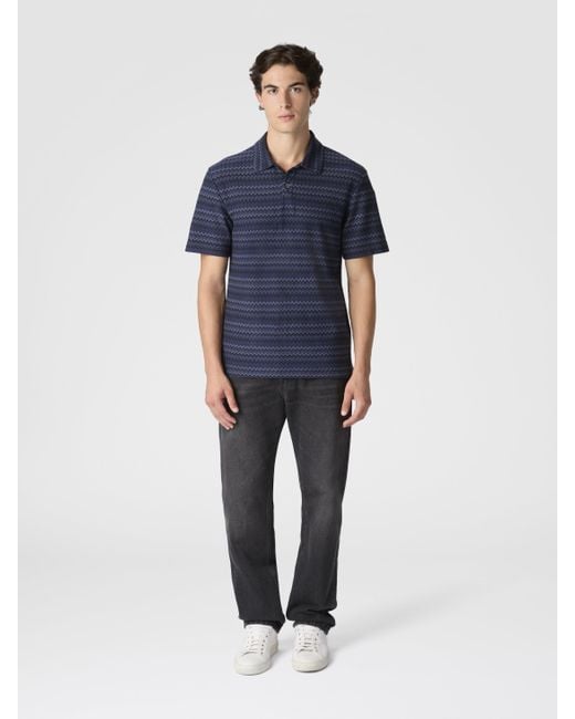 Missoni Blue Short Sleeve Cotton Polo With Zigzag Pattern for men