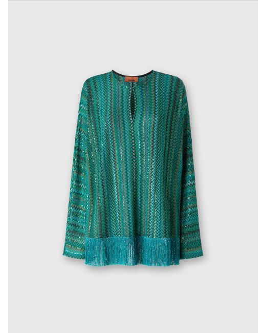 Missoni Green Zigzag Long-Sleeved Blouse With Sequins And Fringes