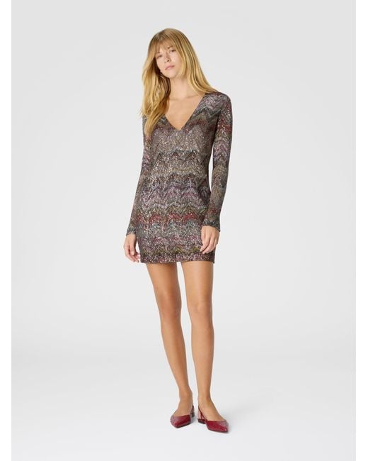 Missoni Gray Mini Dress With V-Neck And Zigzag Pattern