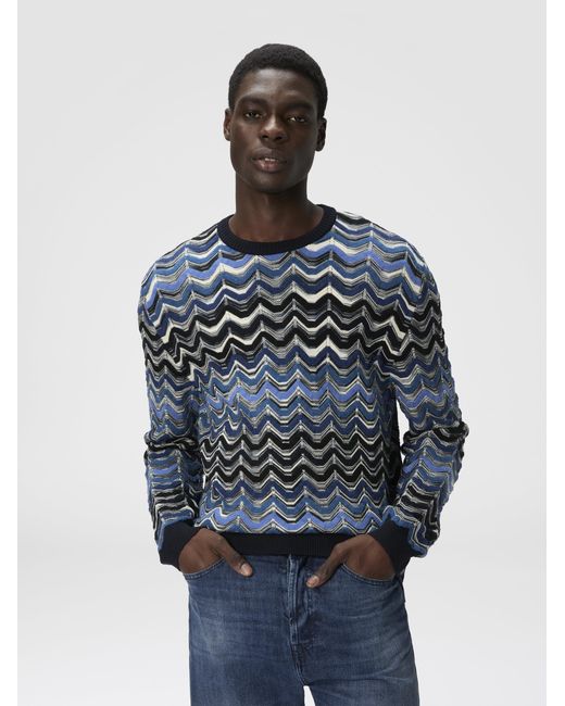 Missoni Blue Crew Neck Sweater With Geometric Zigzag Pattern for men