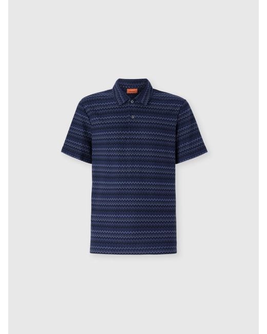 Missoni Blue Short Sleeve Cotton Polo With Zigzag Pattern for men