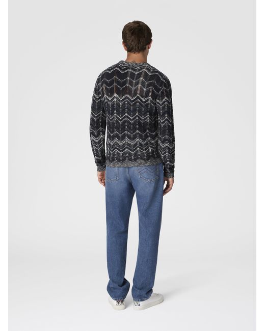 Missoni Black Crew-Neck Cotton Chevron Pullover With Ribbed Trims for men